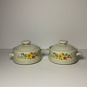 Sweet Flowers Covered Mini Casserole Serving Dishes Stoneware 4”x 2” Set Of 2